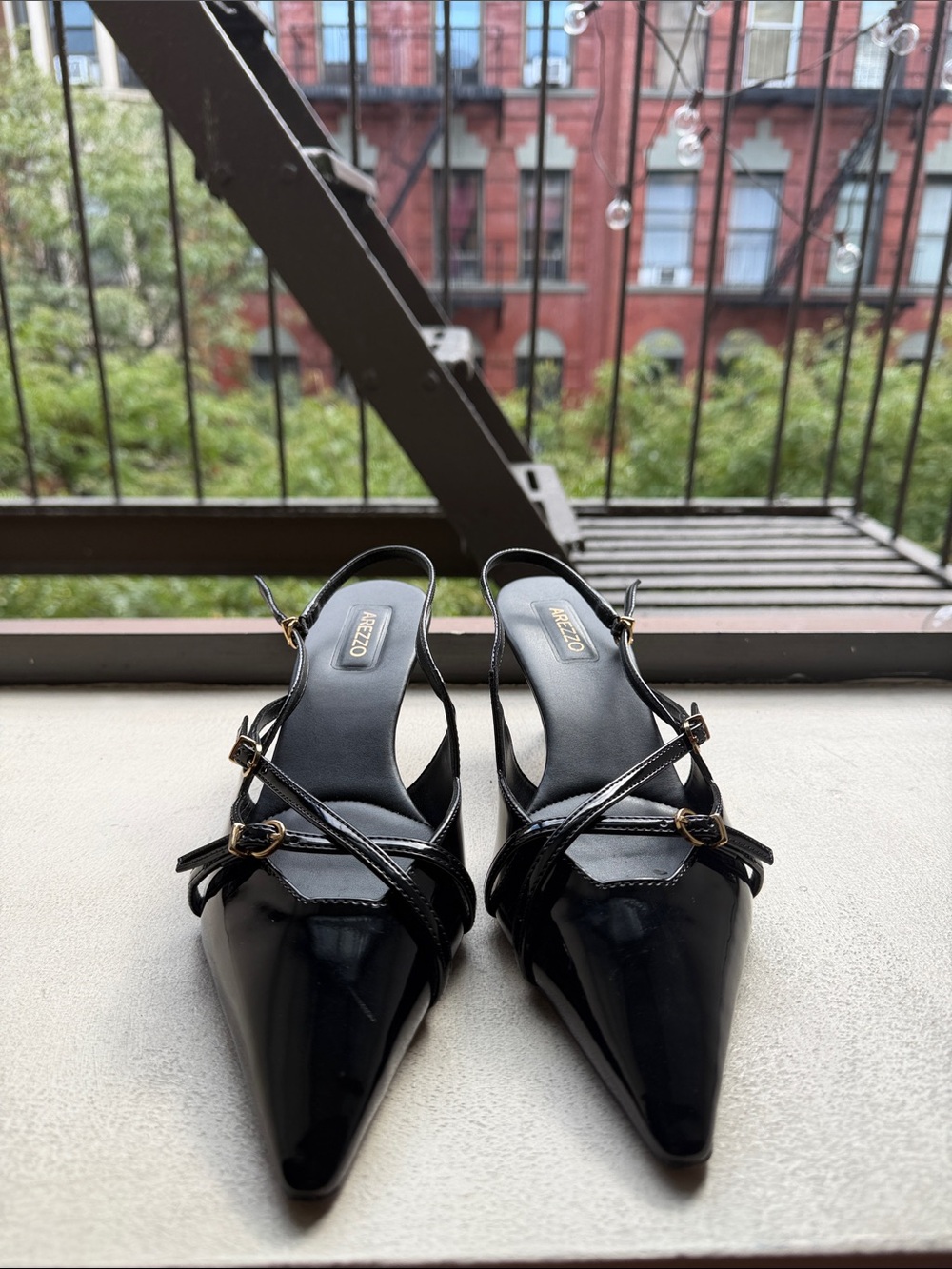 Arezzo Black Patent Pointed Slingback Mules